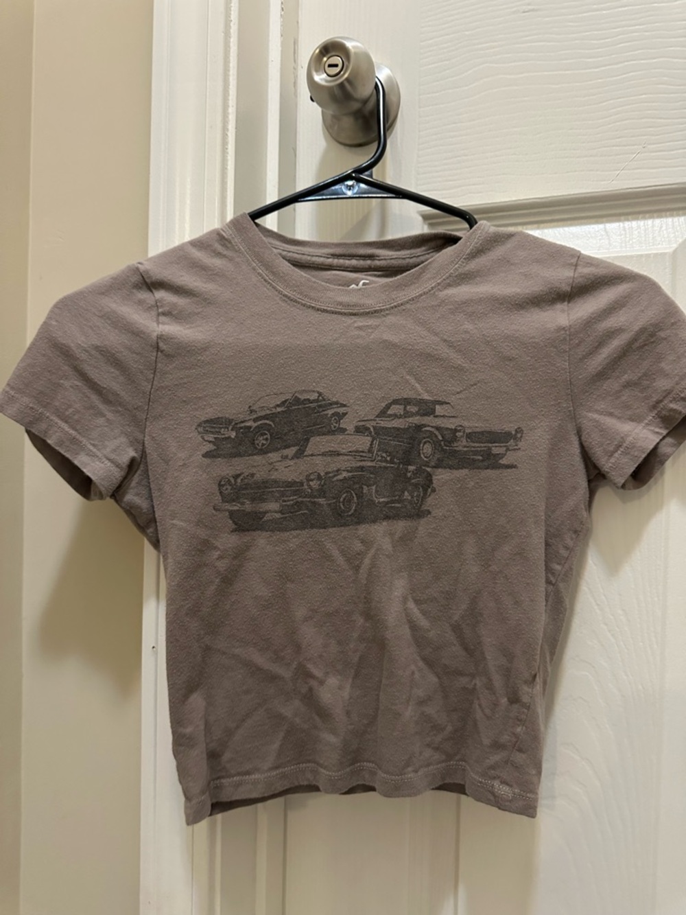 Graphic Car Crop Baby Tee in Muted Brown-Gray